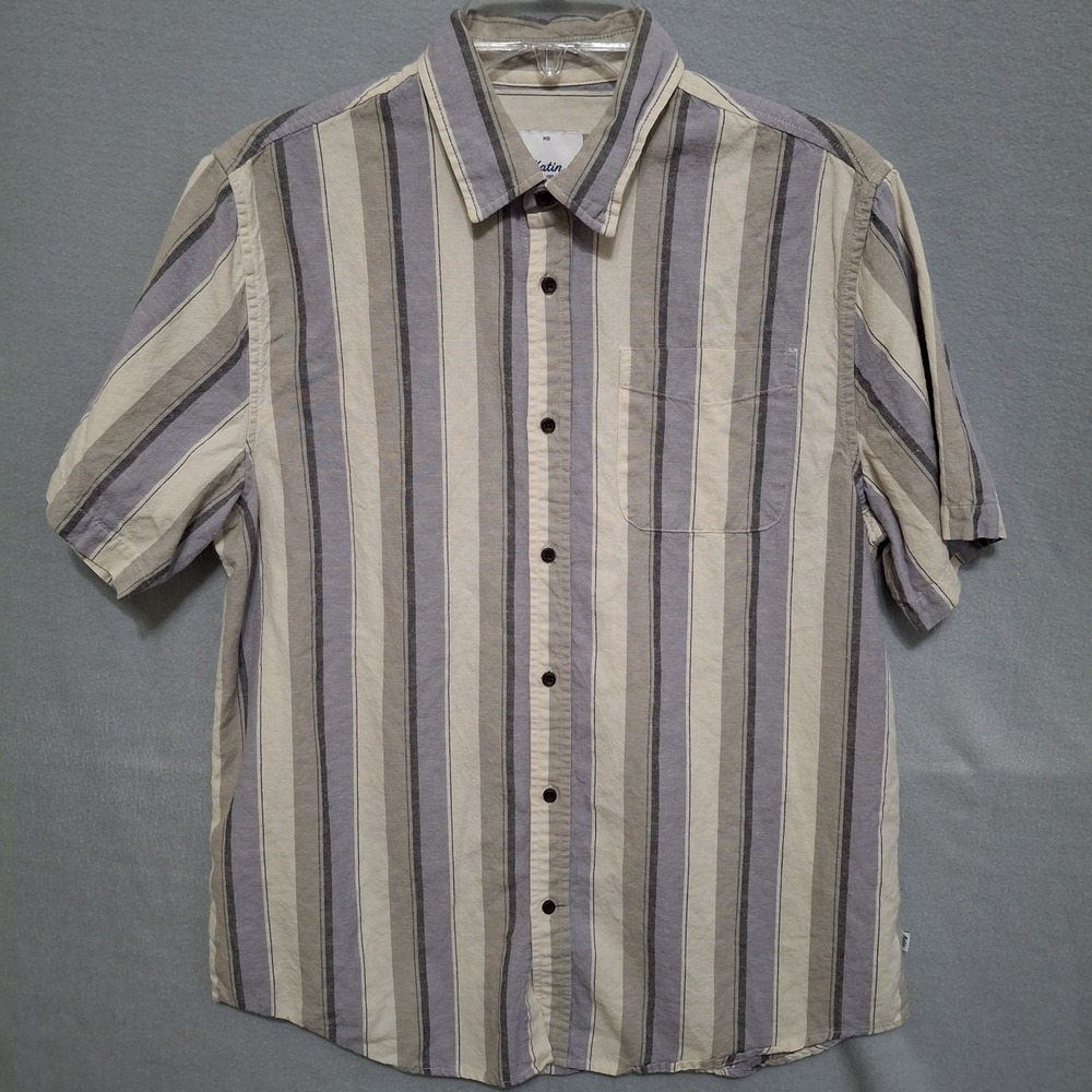 Katin Men's M Button Up Shirt Striped Beige Gray Cotton Linen Blend Resort